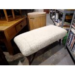 Lined wooden laundry basket and vintage wool topped footstool, 80 x 38 x 32 cm. Not available for