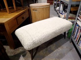 Lined wooden laundry basket and vintage wool topped footstool, 80 x 38 x 32 cm. Not available for