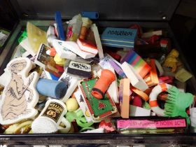 Metal case of mixed children rubbers including ET. Not available for in-house P&P