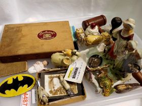 Tray of mixed collectables including Batman belt buckle. Not available for in-house P&P