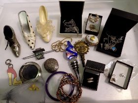 Collection of silver and costume jewellery, silver frame, a silver plated pin cushion, box,