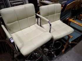 Two white upholstered faux leather high seats, 108cm H. Not available for in-house P&P