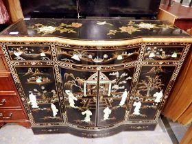 Chinese black lacquered sideboard with applied mother of pearl decoration, 110 x 41 x 88 cm H. Not