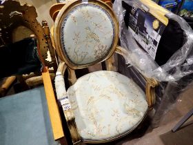 Gilt armchair, upholstered in yellow floral material. Not available for in-house P&P