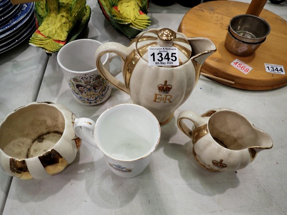 Three Sudlows Burslem coronation themed ceramic pots and two further coronation cups. Not