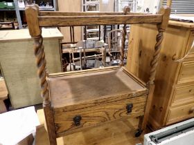 Oak trolley with drawer on twist supports and a table. Not available for in-house P&P