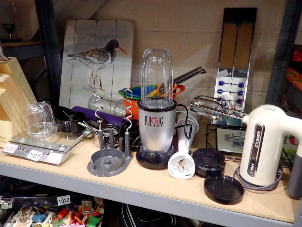 Shelf of mixed kitchen items, including a 'Magic Bullet'. Not available for in-house P&P