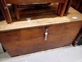 A 19th century distressed pine storage box with key, 83 x 47 x 45cm H. Not available for in-house
