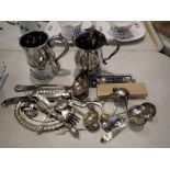 Mixed metalware with a Harrods Restaurant ladle. Not available for in-house P&P