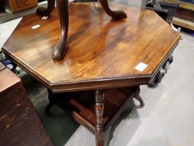 Octagonal walnut table with galleried undertier, 70cm D. Not available for in-house P&P