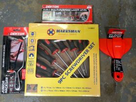 Four Dekton and Marksman tools including bolt cutters and laser level tool. Not available for in-