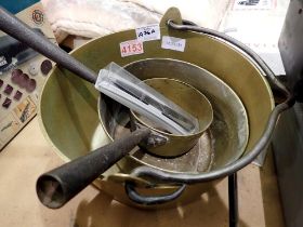 Brass jam pan with two brass saucepans. Not available for in-house P&P