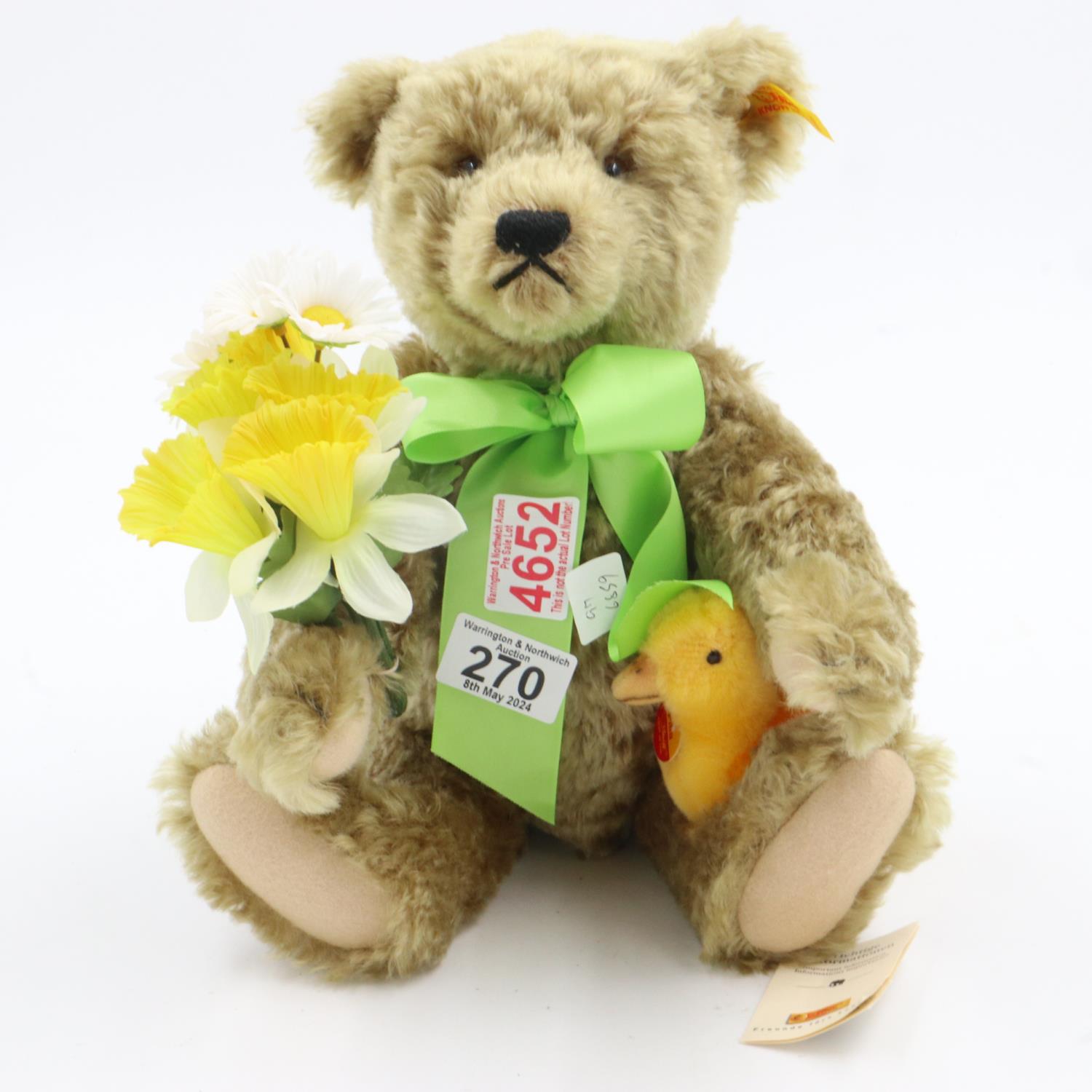 Steiff bear - Spring, H: 22 cm. Excellent condition, no tears, yellow tag/red text, flowers, duck