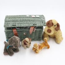 Toy dogs in wicker basket, two being early Steiff. UK P&P Group 2 (£20+VAT for the first lot and £