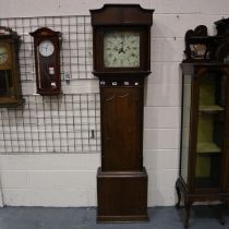 Oak cased long case clock with painted dial, for restoration, H: 210 cm. Not available for in-