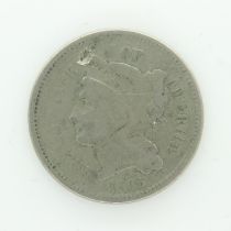 Boxed 1865 American three cents. UK P&P Group 1 (£16+VAT for the first lot and £2+VAT for subsequent