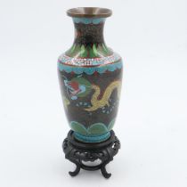 Japanese cloisonne dragon vase on a carved hardwood stand, H: 24 cm. UK P&P Group 2 (£20+VAT for the