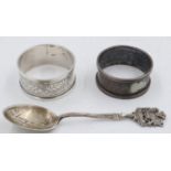 Two silver napkin rings and a silver spoon, combined 46g. UK P&P Group 1 (£16+VAT for the first