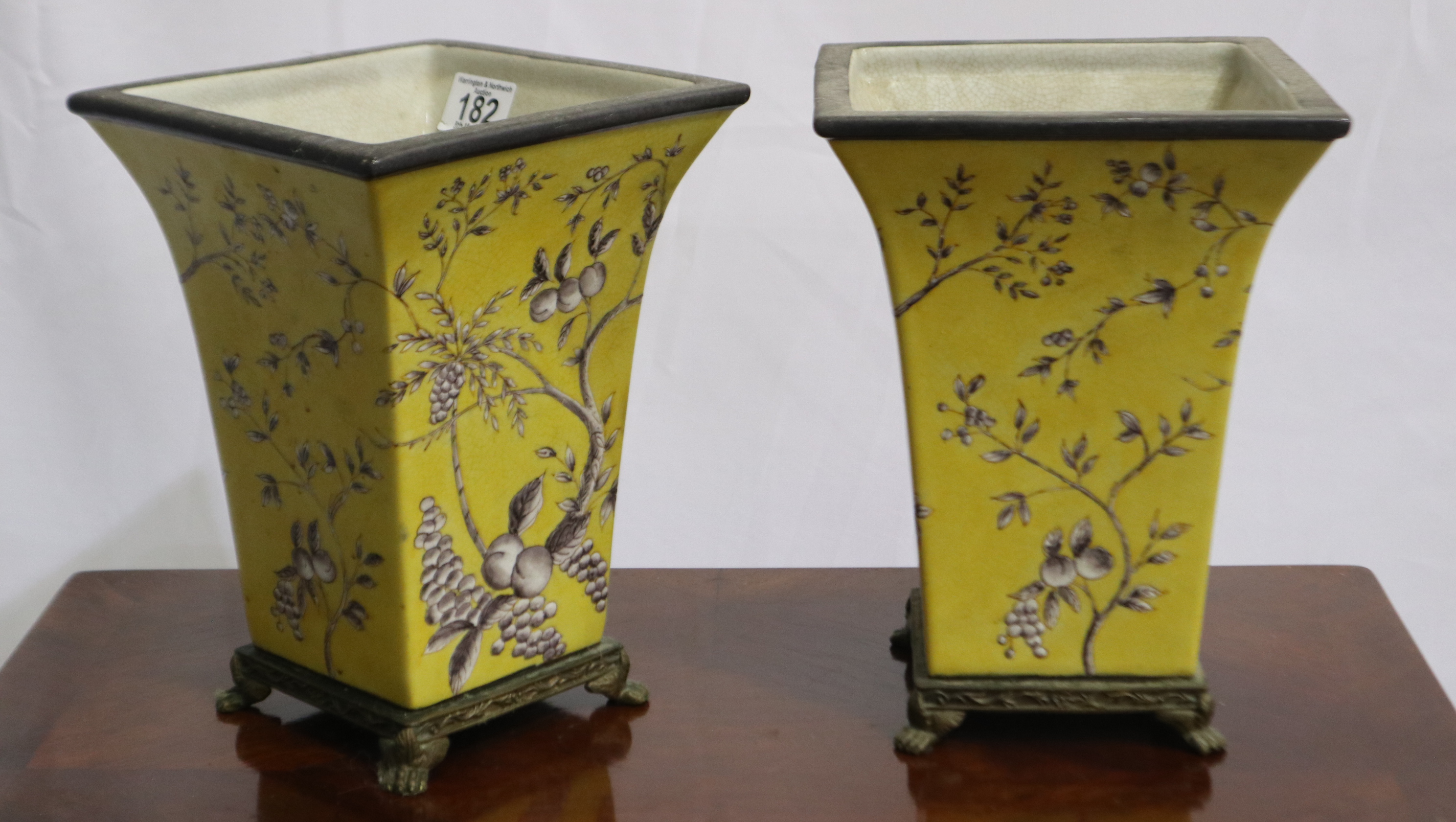 Pair of 20th century yellow ground tapering vases, H: 23 cm. No chips or cracks. UK P&P Group 3 (£