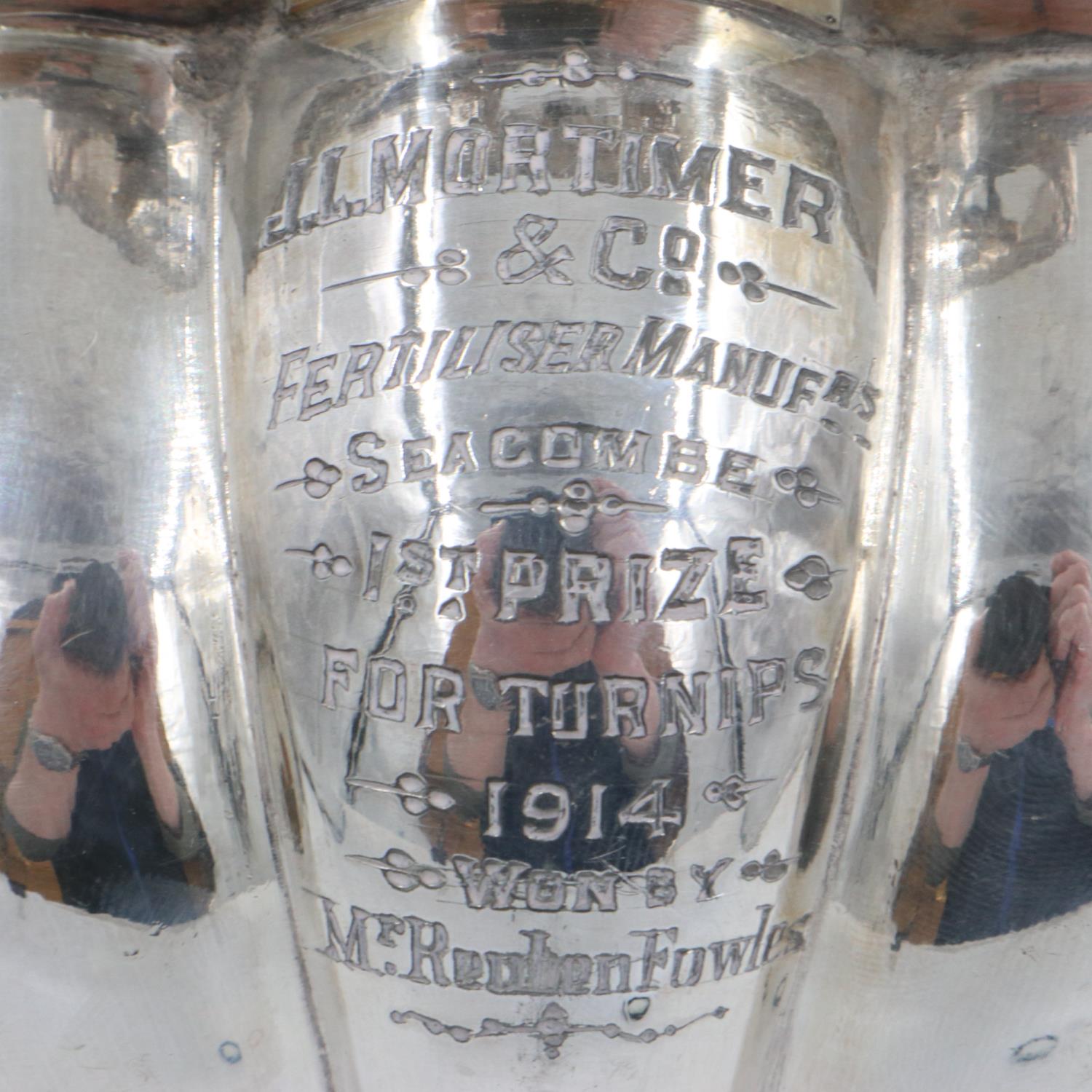 Silver plated Oyster dish, with inscription - 1st prize for Turnips 1914, H: 26cm. UK P&P Group - Image 3 of 4