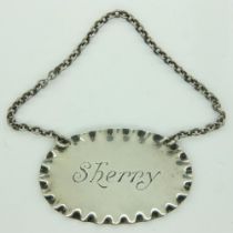 Hallmarked silver sherry decanter label, Chester assay. UK P&P Group 0 (£6+VAT for the first lot and