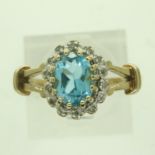 9ct gold ring set with blue topaz and diamonds, size Q, 3.5g. UK P&P Group 0 (£6+VAT for the first