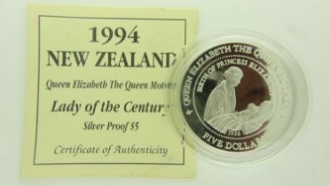 1994 silver proof five dollars of New Zealand. UK P&P Group 0 (£6+VAT for the first lot and £1+VAT