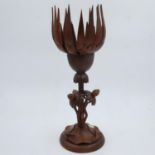 Far Eastern carved wooden lamp with opening bud, H: 45 cm. UK P&P Group 2 (£20+VAT for the first lot