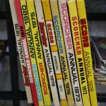 Shelf of Score and Scorcher annuals, 1970's. UK P&P Group 3 (£30+VAT for the first lot and £8+VAT