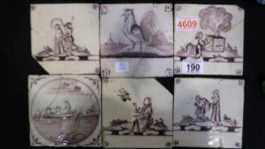 Six early Manganese 6" tiles with a religious theme. UK P&P Group 2 (£20+VAT for the first lot