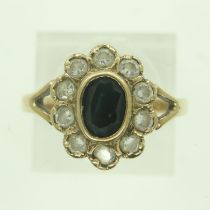 9ct gold cluster ring set with sapphire and cubic zirconia, size S, 2.4g. UK P&P Group 0 (£6+VAT for