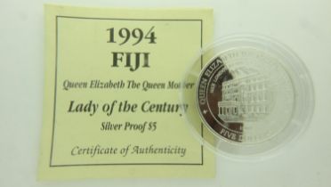 1994 silver proof five dollars of Fiji. UK P&P Group 0 (£6+VAT for the first lot and £1+VAT for