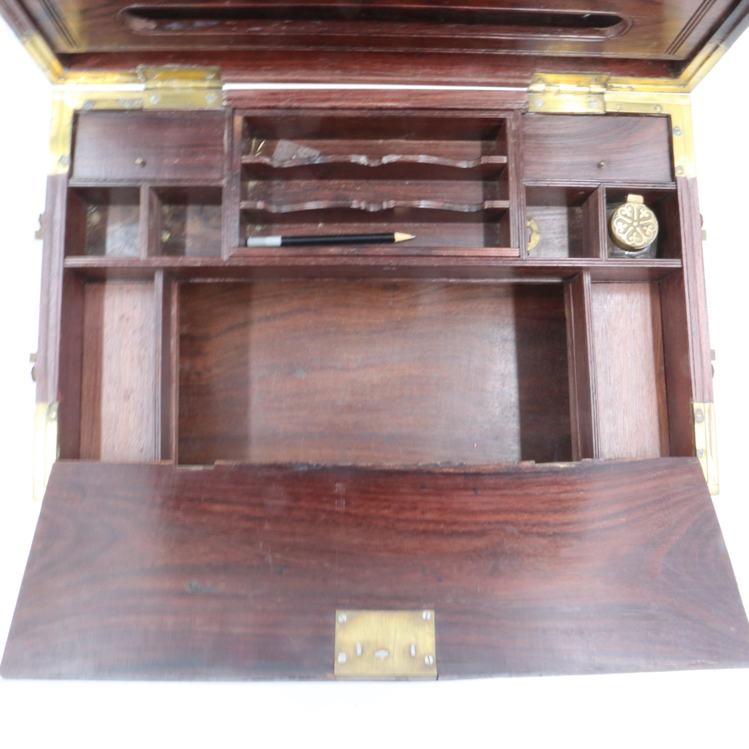 Walnut stationary box with inkwell and brass fittings, 47 x 29 x 18 cm H. UK P&P Group 3 (£30+VAT - Image 2 of 3