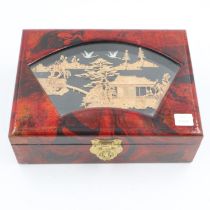 Chinese lacquered fitted jewellery case with cork decoration to glazed lid, L: 26 cm. UK P&P Group 2