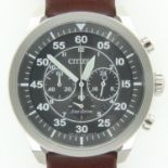 CITIZEN: Eco Drive gents Chronograph wristwatch, black dial, stopwatch and 3 subsidiary dials on