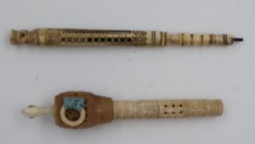 Bone souvenir pencil and a further carved bone tape measure, each with stanhopes for Crystal