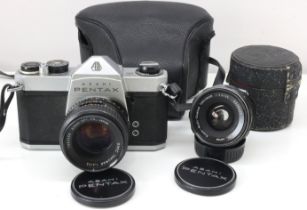 Pentax SP1000 35mm SLR film camera with 35 & 55mm Takumar lenses in leather cases. UK P&P Group