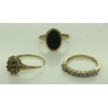 9ct gold signet ring set with a panel of onyx (mis-shapen), 9ct gold half eternity (lacking one