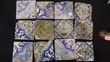 Twelve early polychrome tiles. UK P&P Group 2 (£20+VAT for the first lot and £4+VAT for subsequent