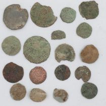 Collection of UK found coins, including rose farthings, lead trade counters jettons and some