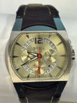 BREIL: gents steel cased dress watch, leather strap with deployment clasp, requires battery, leather
