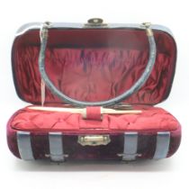 French leather-bound velvet vanity case, with metal and bone contents. UK P&P Group 3 (£30+VAT for