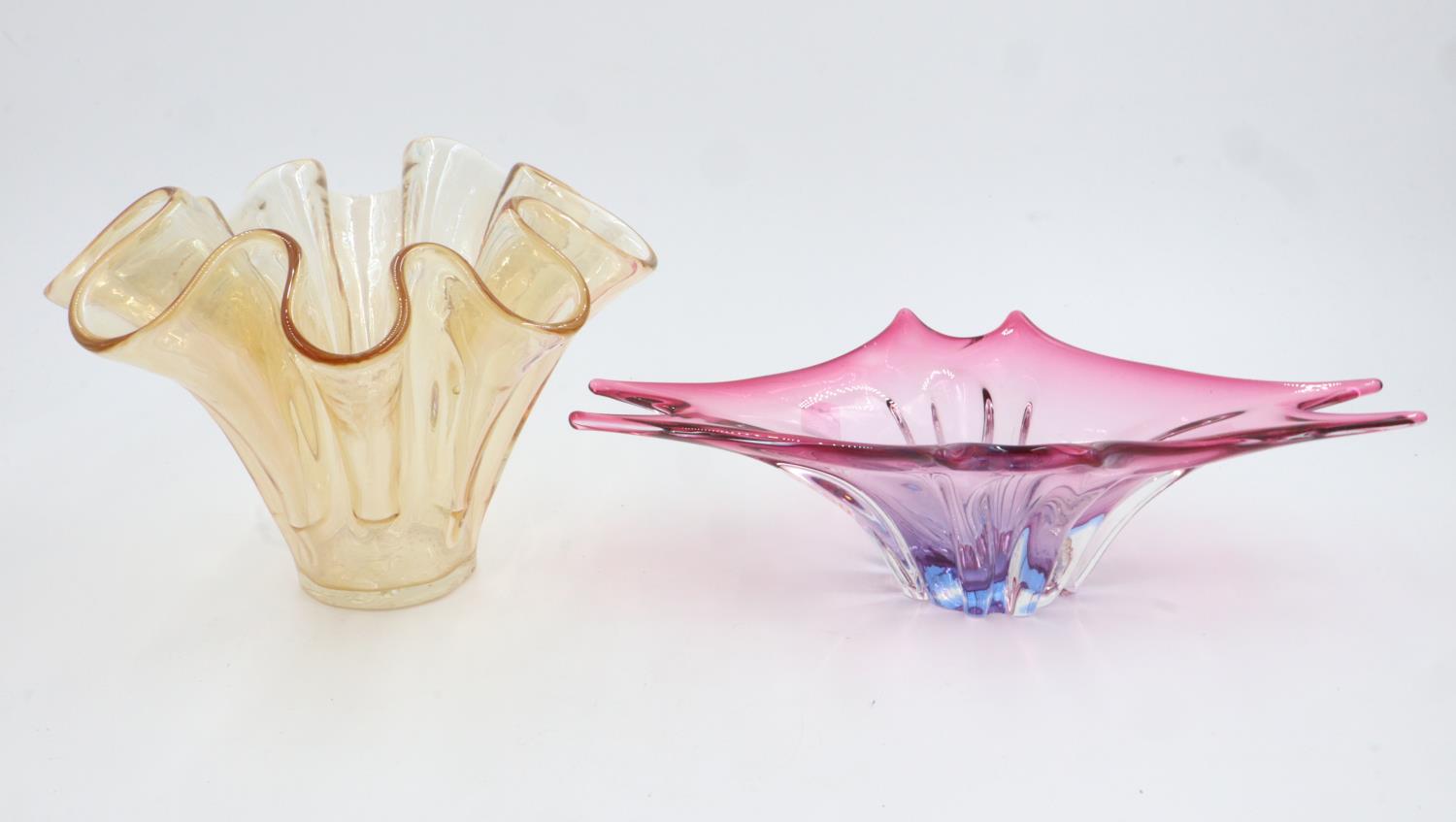 Two Murano style art glass bowls, largest L: 35 cm. No chips or cracks. UK P&P Group 3 (£30+VAT
