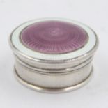 Hallmarked silver pill box with guilloche enamelled cover, 11g, dint to base, pin hole to rim. UK