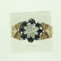 9ct gold cluster ring set with diamond and sapphires, size I/J, 3.6g. UK P&P Group 0 (£6+VAT for the