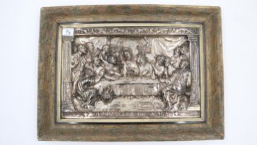 Silver plated relief copper plaque of The Last supper, in a gilt frame. UK P&P Group 2 (£20+VAT