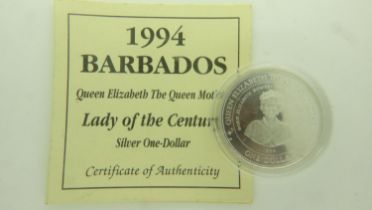 1994 silver dollar of Barbados, with certificate. UK P&P Group 0 (£6+VAT for the first lot and £1+