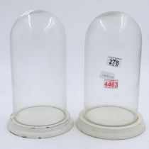 A pair of glass display domes on white painted circular wooden bases, H: 32 cm. Not available for