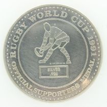 Boxed silver rugby world cup medal 1991. UK P&P Group 1 (£16+VAT for the first lot and £2+VAT for