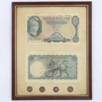 Two framed £5 notes and four silver threepences. UK P&P Group 1 (£16+VAT for the first lot and £2+